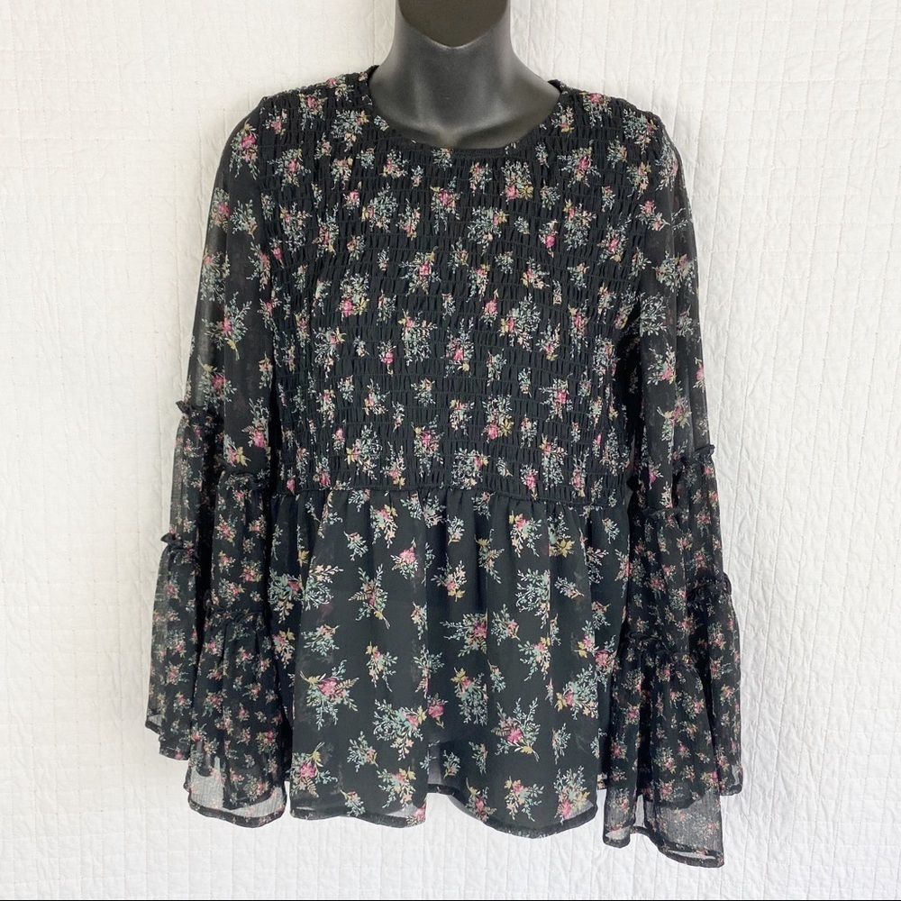 AEO Black Shirred Bell-Sleeve BOHO Peasant Top SP
